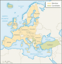 Carte de l'Union européenne en 2016 avec les pays membres et les pays candidats