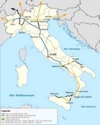 Carte de l'Italie avec les trains et les lignes à grande vitesse TAV