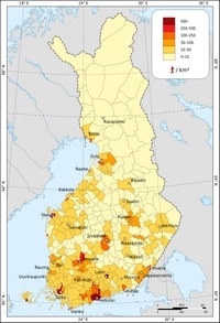 Carte Finlande densité population habitant