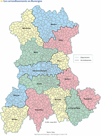 carte Auvergne départements et les arrondissements