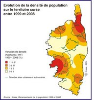 carte Corse évolution de la densité de population de 1999 à 2008