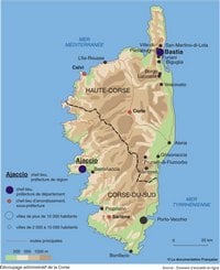 carte Corse relief altitude chefs-lieux préfectures départements