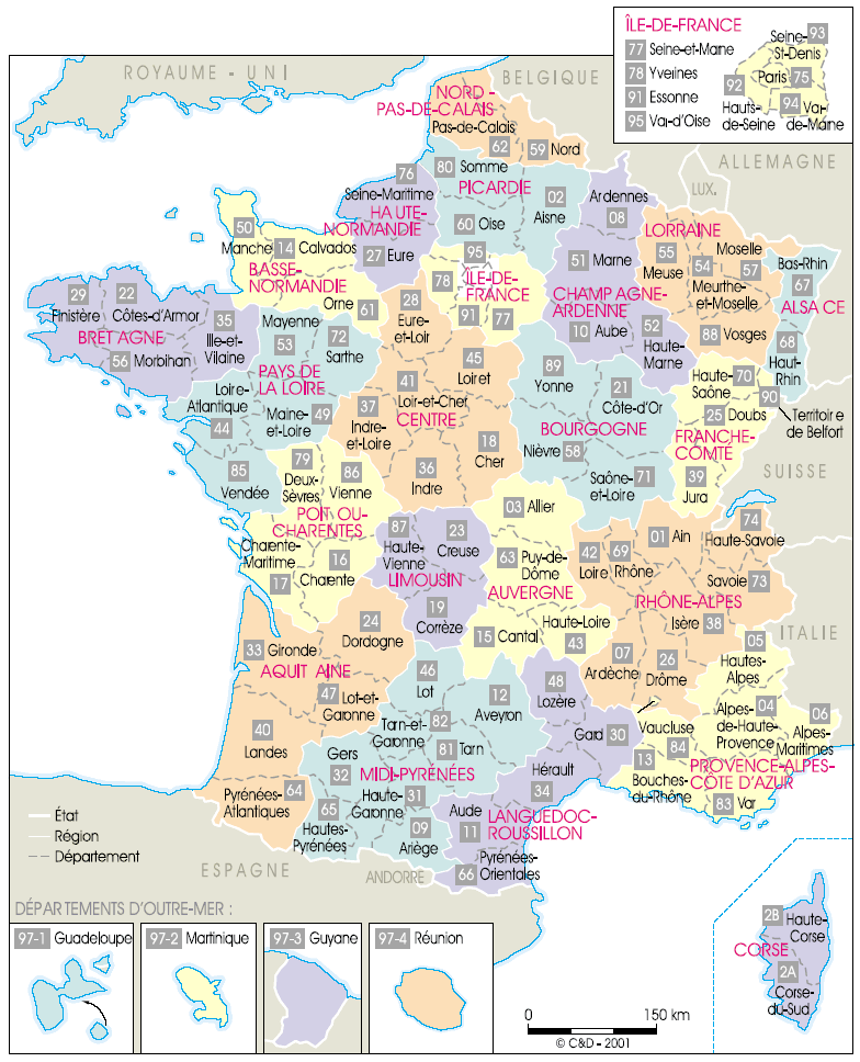 carte de france avec départements et villes principales