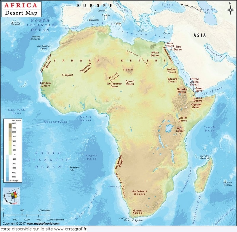 Carte de l'Afrique avec le nom des déserts