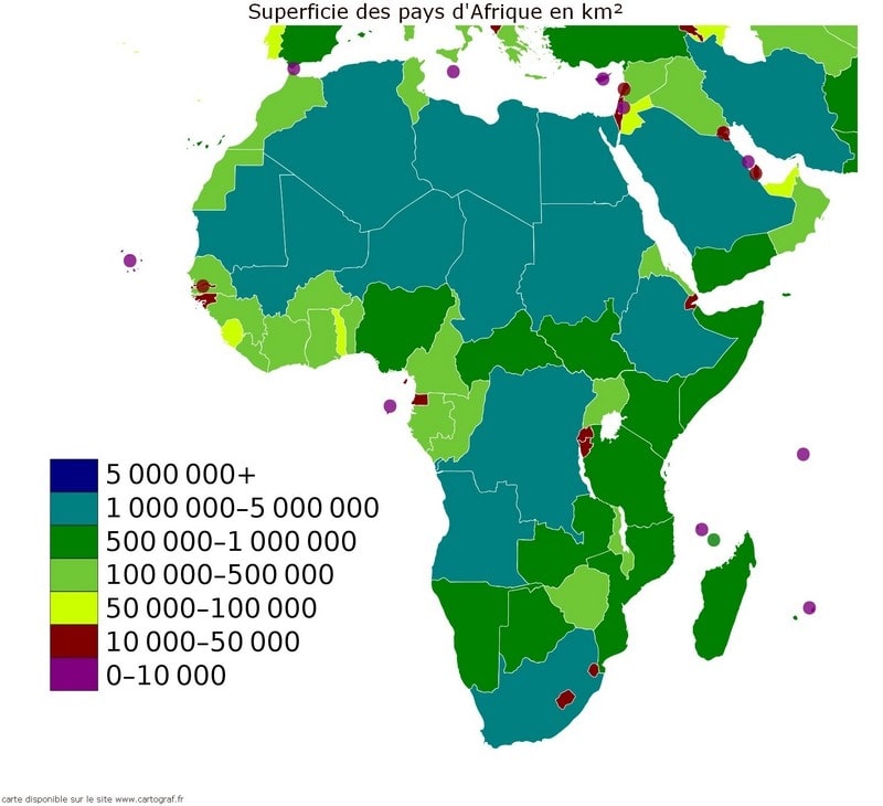 Carte des pays d'Afrique avec la superficie en km2