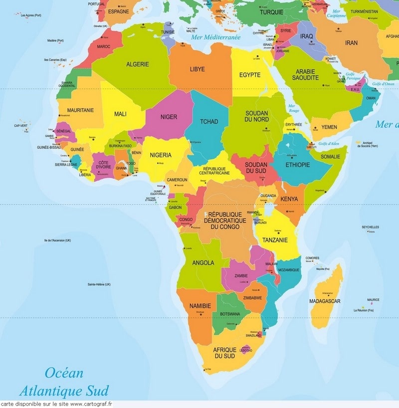 Carte des pays d'Afrique en 2019 avec le Soudan du Sud