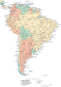 Carte de l'Amérique du sud avec les villes, les autoroutes, les routes, les rivières et les lacs