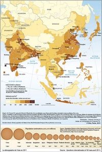 Carte de l'Asie avec la démographie par habitants au km² et les grandes agglomérations