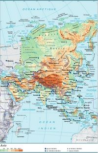 Carte de l'Asie grande carte avec le relief, l'altitude en mètre et la taille des villes