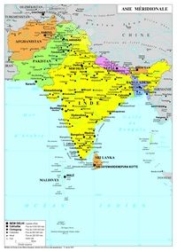 Carte de l'Asie méridionale avec les pays, les capitales, les grandes villes, les fleuves, les points culminants et l'échelle
