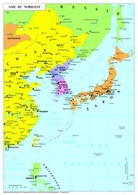 Carte de l'Asie du nord est avec les pays, les capitales, les grandes villes, les fleuves et l'échelle