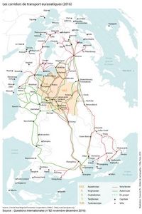 Carte de l'Asie avec les principaux transports routiers et ferroviaires entre l'Europe et l'Asie