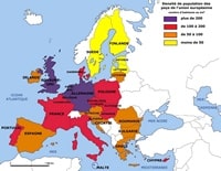 Carte de l'Europe avec la densité de population de l'Union Européenne en habitants par km²