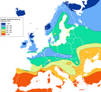 Carte de l'Europe avec la durée d'ensoleillement