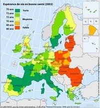 Carte de l'Europe avec l'espérance de vie en bonne santé en 2003