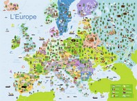 Carte de l'Europe avec des illustrations selon les habitations, les monuments et les cultures locales