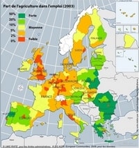 Carte de l'Europe avec la part de l'agriculture dans l'emploi en 2003
