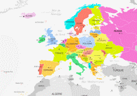 Carte de l'Europe avec les pays en couleurs, les capitales, les mers et les îles