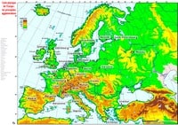 Carte de l'Europe physique avec le relief, l'altitude en mètre et les grandes villes