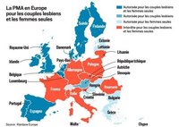Carte de l'Europe avec les pays qui autorisent ou interdisent la PMA, la Procréation Médicalement Assistée