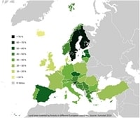 Carte de l'Europe avec le pourcentage de foret par pays en 2010