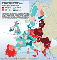 Carte de l'Europe avec le produit intérieur brut PIB par rapport au standard de pouvoir d'achat SPA