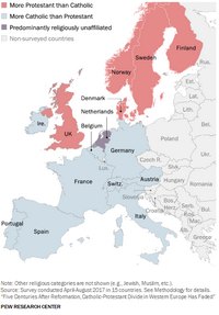 Carte de l'Europe avec la répartition de la religion des protestants et des catholiques