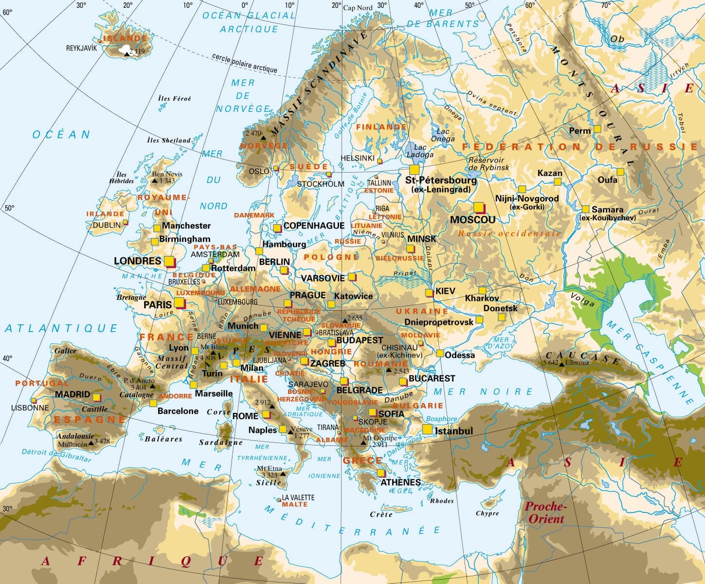 Carte d'Europe avec les grandes villes et les sommets montagneux