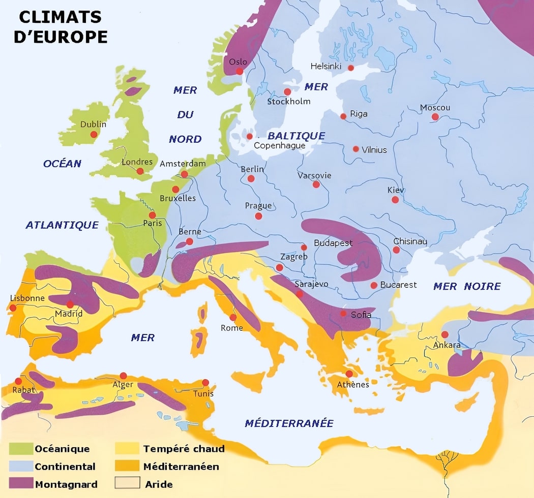 Carte d'Europe avec le climat et les villes
