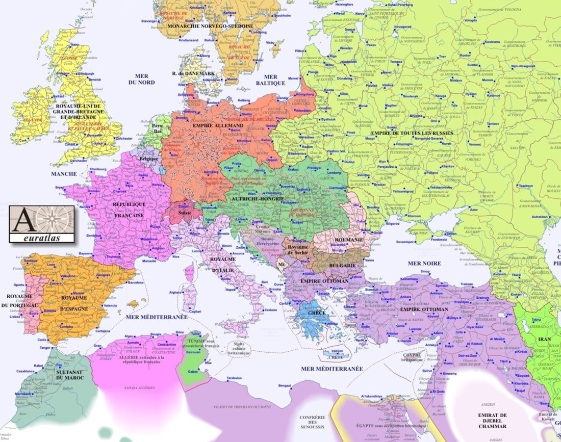 carte Europe dans les années 1900 avec les villes et l'ancien nom des pays