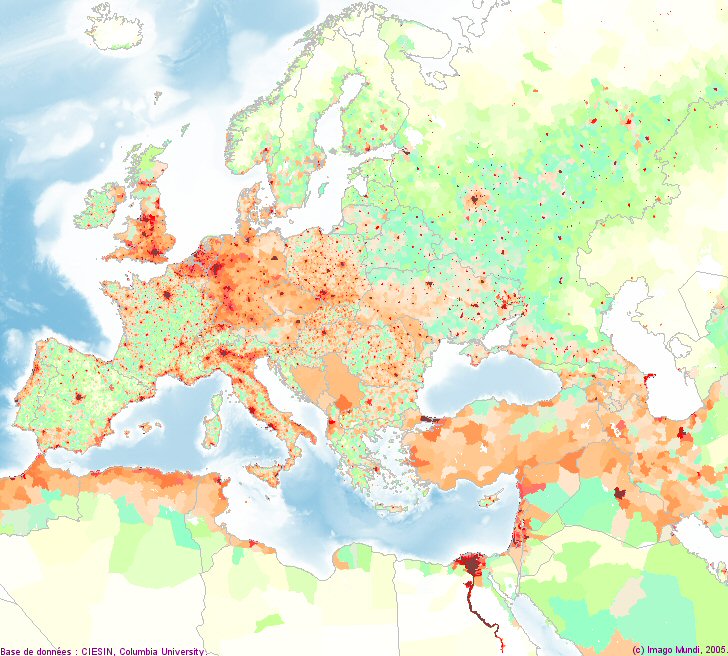 Carte d'Europe avec la densité et la répartition de la population