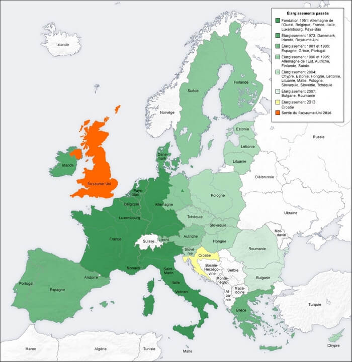 Carte de la fondation de l'Europe de 1951 à 2016