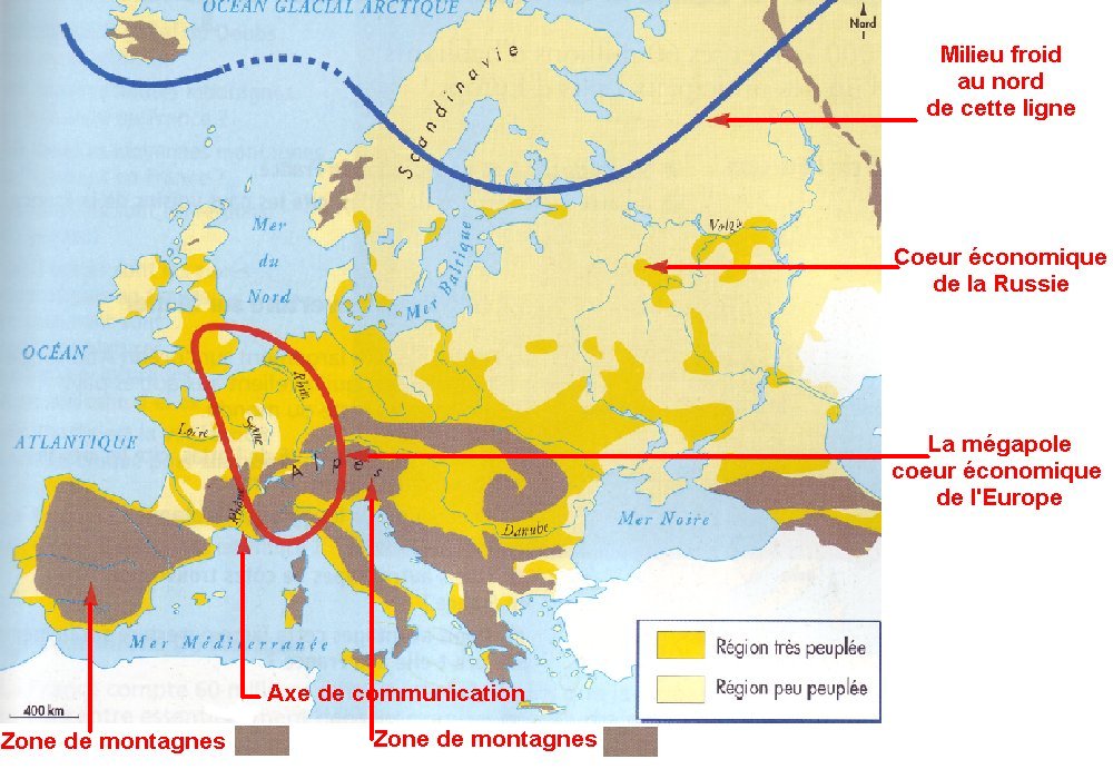 Carte d'Europe avec la répartition de la population et le coeur économique