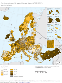 Carte de l'Europe avec le taux d'accroissement naturel de la population en 2011