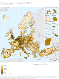 Carte de l'Europe avec la densité de population par habitant au km carré NUTS 2011