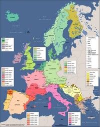 Carte de l'Europe avec les langues de chaque pays et les îlots linguistiques