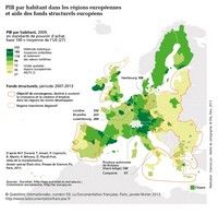 Carte de l'Europe avec le PIB par habitant en 2009 et l'aide des fonds structurels européens