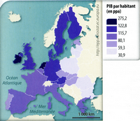 Carte de l'Europe avec le PIB à Parité de Pouvoir d'Achat (PPA) en 2006