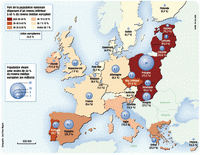 Carte de l'Europe avec les revenus de la population nationale par rapport au revenu médian européen.