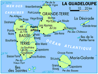 Carte de la Guadeloupe avec les dépendances, les villes et les sommets montagneux