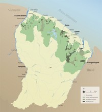 Carte de la Guyane avec les forêts permanentes et les zones de protection du domaine forestier