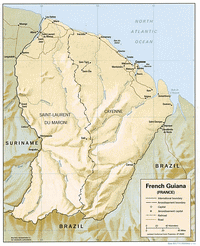 Carte de la Guyane avec les frontières, les rails, les routes et les échelles