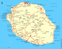 Carte de la Réunion avec les villes, les routes et les sommets montagneux