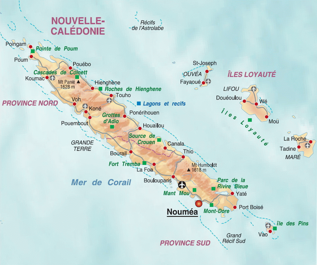 Carte topographique physique de la nouvelle-Calédonie