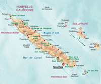 Carte de la Nouvelle-Calédonie avec des informations touristiques, les parcs, la source de Crouen, les grottes et les cascades
