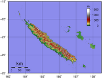 Carte de la Nouvelle-Calédonie avec le relief et l'altitude en mètre