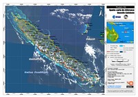 Carte satellite de la Nouvelle-Calédonie avec les villes, les villages, les routes les aéroports et les cours d'eau