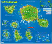 Carte de la Polynésie française avec l'archipel de la Société, les îles hautes et basses et des informations touristiques