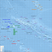 Carte de la Polynésie française avec la profondeur, le nom des archipels et des communes