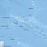 Carte de la Polynésie française avec le relief et la profondeur en mètre et le nom des archipels
